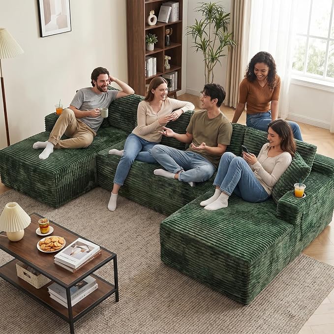 Boneless Couch, 127" Sofas for Living Room, U Shaped Couch with Chaise | Sectional Sofa, Cloud Couch Sectional with Cup Holders and Storage, Cloud Sofa with Deep Seat, Green, Corduroy, No Assembly
