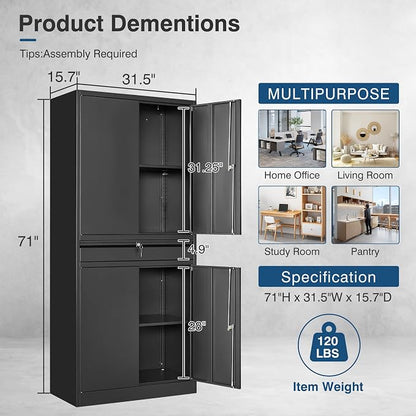 Black Metal Storage Cabinet with Lock, 71" Tall Garage Storage Cabinets with Doors and Shelves, Lockable Tool Caninet Steel Locking Cabnets File Cabinet for Home Office, Garage, Pantry
