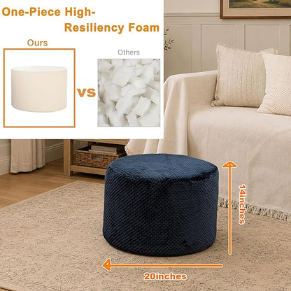 Poofieotto 20"x14" Round Foam Stuffed Pouf Ottoman - Modern Floor Foot Rest & Seating for Living Room, Bedroom, or Couch - Stylish Home Decor Accent (Navy)