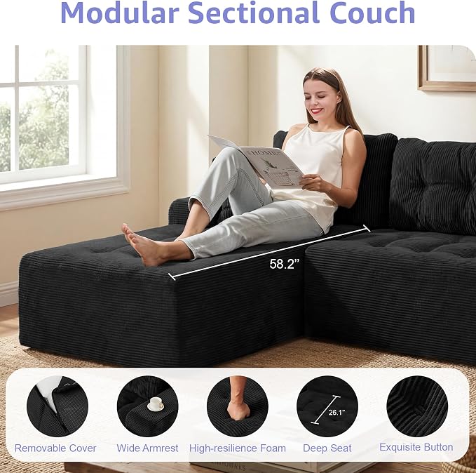 Hobestluk Modular Sectional Sofa Couches L-Shape Couch 3 Seat Modular Sofa Memory Foam Sectional Couches for Living Room, Cloud Couch with Oversized Chaise (Ebony Corduroy, 96", Left Hand Facing)