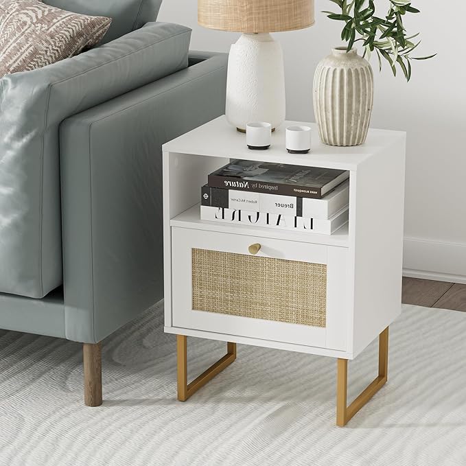 Masupu Extra Large Rattan Nightstand,Boho Night Stand Modern Farmhouse Wood Bedside Table with Storage Drawer and Open Shelf,Side End Table for Bedroom,Living Room,Office White