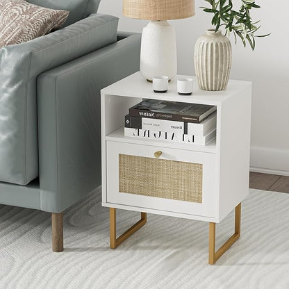 Masupu Extra Large Rattan Nightstand,Boho Night Stand Modern Farmhouse Wood Bedside Table with Storage Drawer and Open Shelf,Side End Table for Bedroom,Living Room,Office White