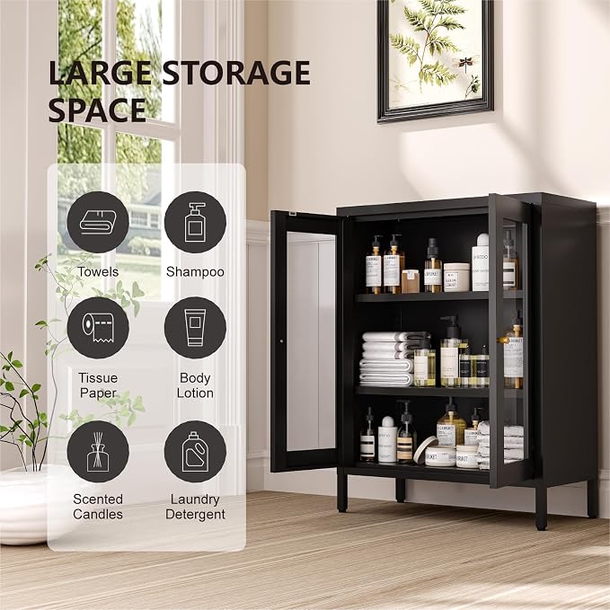 Metal Bathroom Cabinet, Small Floor Storage Cabinet, Freestanding Sideboard with 2 Adjustable Shelves for Living Room, Dining Room