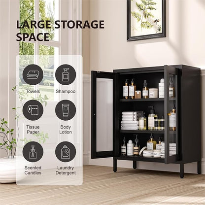 Metal Bathroom Cabinet, Small Floor Storage Cabinet, Freestanding Sideboard with 2 Adjustable Shelves for Living Room, Dining Room