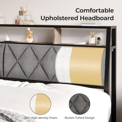 Full Headboard Only, Headboard for Full Size Bed with Storage, Upholstered Headboards with LED Lights & Charging Station, Attach Frame, Ideal for Bedroom/Dorm/Guest Room, Dark Grey & Brown