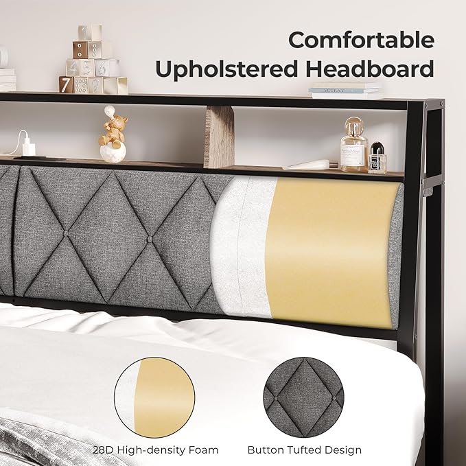 King Headboard Only, Headboard for King Size Bed with Storage, Upholstered Headboards with LED Lights & Charging Station, Attach Frame, Ideal for Bedroom/Dorm/Guest Room, Dark Grey & Brown