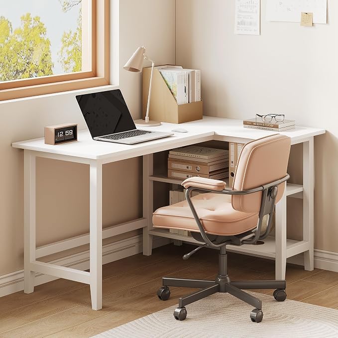 IOTXY Reversible L-Shaped Office Desk - 45" Compact Corner Computer Table with Storage Shelves, Solid Wood Legs, Writing & Study Workstation for Small Spaces, White