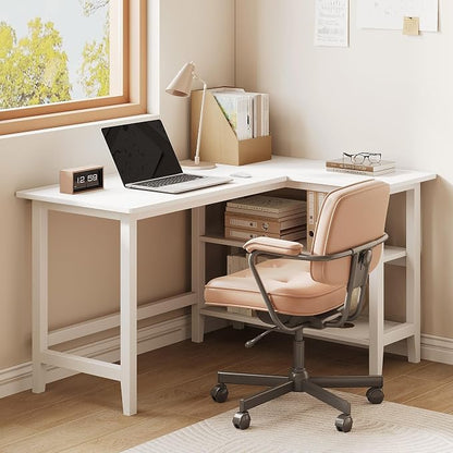 IOTXY Reversible L-Shaped Office Desk - 45" Compact Corner Computer Table with Storage Shelves, Solid Wood Legs, Writing & Study Workstation for Small Spaces, White