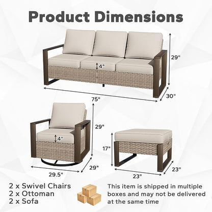 Outdoor Patio Swivel Rocker Chairs, 6 Pieces Wicker Furniture Set, 2 Swivel Rocking Chairs, 2 Sofa and 2 Ottoman, Metal Wide Armrest, Thick Cushions and Deep Seating for Garden, Backyard, Porch, Deck