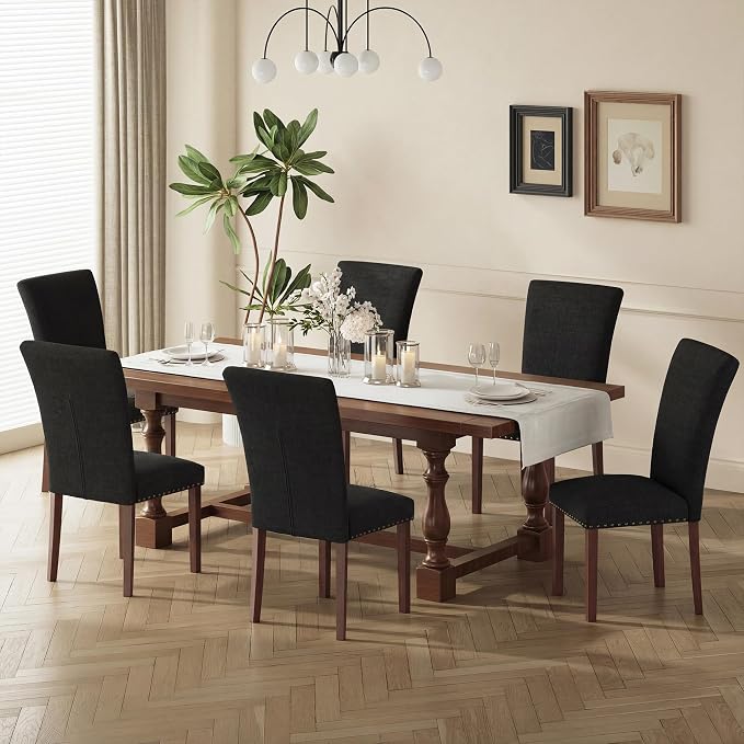 COLAMY Upholstered Parsons Dining Chairs Set of 6, Fabric Dining Room Kitchen Side Chair with Nailhead Trim and Wood Legs - F-Black
