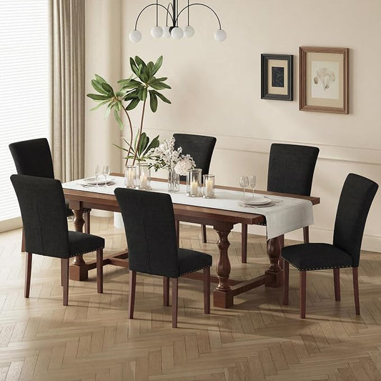 COLAMY Upholstered Parsons Dining Chairs Set of 6, Fabric Dining Room Kitchen Side Chair with Nailhead Trim and Wood Legs - F-Black