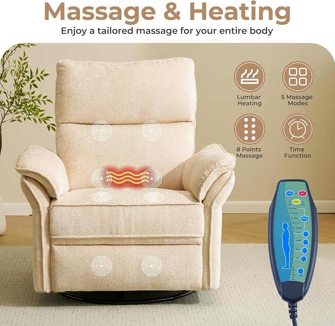 Oversized Power Recliner Chair Swivel Glider with Massage and Heat, Rocker Nursery Recliner for Adults with Adjustable Headrest, 26" Extra Wide Nursery Chair with Overstuffed Armrest,Beige