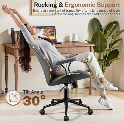HeroSet Leather Office Chair with Removable Armrests, Mid Back Ergonomic Desk Chair with Lumbar Support, Adjustable Height Rocking Swivel Executive Chair for Home Office, Drak Gray