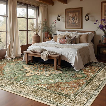 RELEANY Area Rugs 8'x10' Washable Non-Slip, Floral Vintage Distress Medallion Carpet for Living Room Bedroom Dining Room, Terracotta Burnt Orange Green