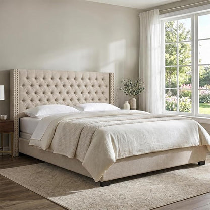 Madison Park Queen Wingback Upholstered Tufted Headboard, Featuring High-Density Sponge Padding, Adjustable Height Headboard, Easy Assembly, Beige Woven