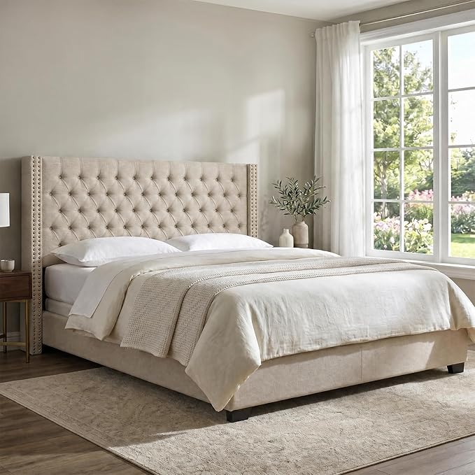 Madison Park King Wingback Upholstered Tufted Headboard, Featuring High-Density Sponge Padding, Adjustable Height Headboard, Easy Assembly, Beige Woven