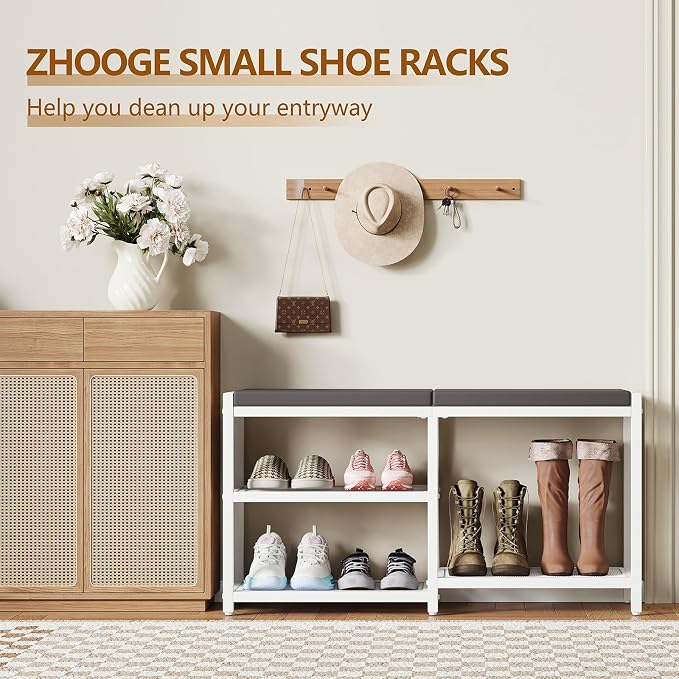 ZHOOGE Shoe Bench & Rack Storage Bench with Seat Cushion, Stable Entryway Bench Holds Up to 300 lb, (35" L x 12" W x 17" H, White)