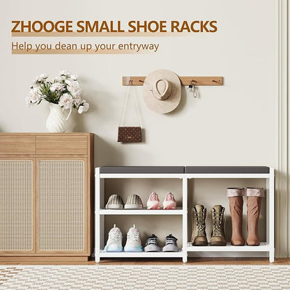 ZHOOGE Shoe Bench & Rack Storage Bench with Seat Cushion, Stable Entryway Bench Holds Up to 300 lb, (35" L x 12" W x 17" H, White)