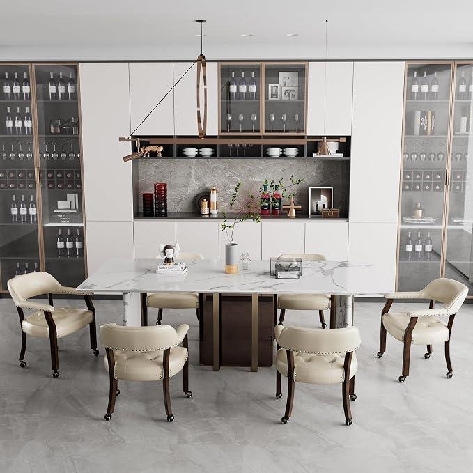 LEEMTORIG Set of 6 Large Dining Chairs with Casters and Arms, Rolling Dining Chairs with Wheels Game Chairs, Wood Boss Caption's Chair, 26"D x 25.2"W x 31.5"H, Espresso Legs & Beige PU, XXY-1910-BG