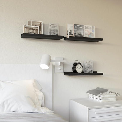 RICHER HOUSE 3 Set Floating Shelves for Wall, 16 inches Black Wall Mounted Shelves with Lip for Storage, Display Picture Ledge Shelf for Bedroom Bathroom Kitchen Living Room Decor, Modern Black