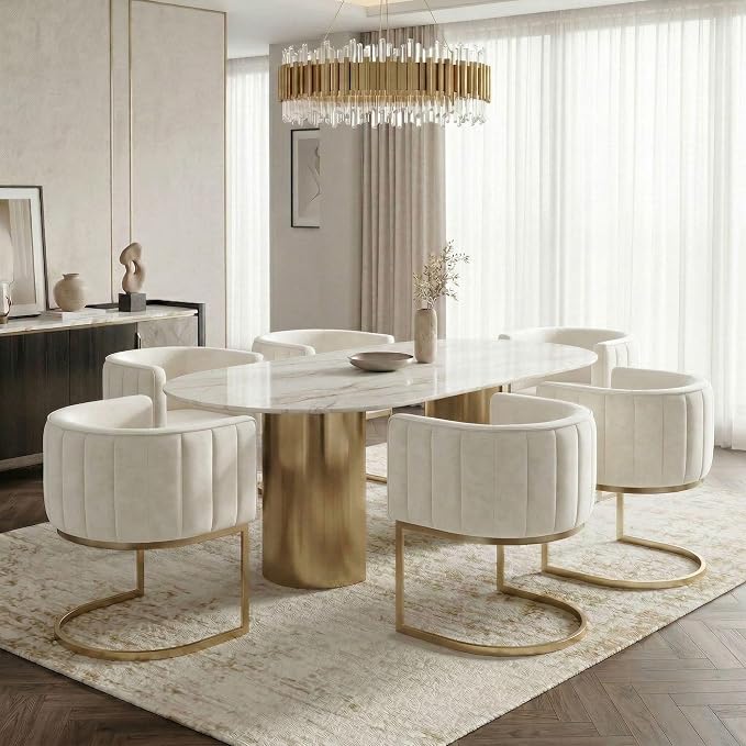 Hyfirm Beige and Gold Barrel Dining Room Chairs Set of 4, Modern Velvet Upholstered Accent Chairs with Curved Back for Kitchen Island, Luxury Comfort Seating Cantilever Metal Frame