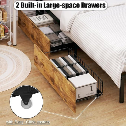 KEIKI Full Size Corner Bed Frames with Storage Drawers, Charging Station, Led Light & Bookcase Headboard, Wooden & Metal L-Shaped Captain Daybed for Small Room, Bedroom, Guest Room, kids'Room, Brown