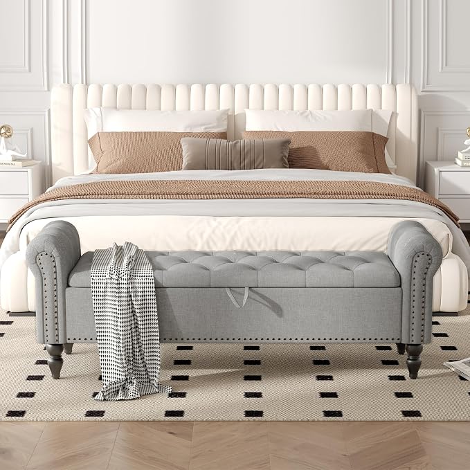 Furniliving 63” End of Bed Bench, Bedroom Bench with Button-Tufted, Large Upholstered Storage Ottoman Benches Entryway Bench with Storage Shoe Cabinet Bench, for Bedroom, Living Room, Linen, Grey