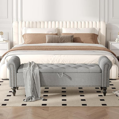 Furniliving 63” End of Bed Bench, Bedroom Bench with Button-Tufted, Large Upholstered Storage Ottoman Benches Entryway Bench with Storage Shoe Cabinet Bench, for Bedroom, Living Room, Linen, Grey