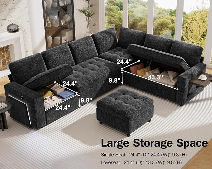 Vipbear 7 Seat L Shaped Modular Sectional Sleeper Sofa Bed with Ottoman/Pull Out Bed/Reclining Backrest/USB Ports/Table/LED Light/Storage Seat, Tool-Free Assembly, Chenille Black