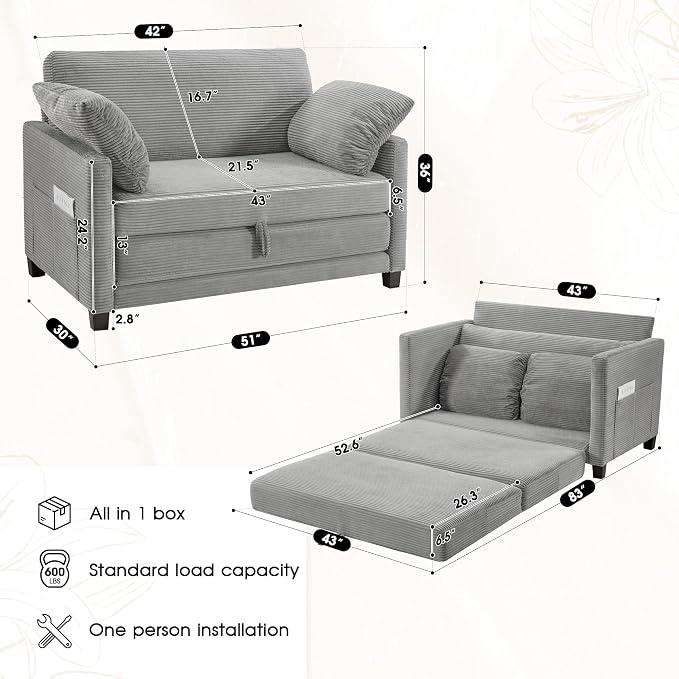 51" Convertible Loveseat Sofa Bed, 2-in-1 Folding Sofa Bed with 2 Pillow for Small Spaces, Modern Loveseat Sleeper Couch for Apartment, Living Room & Guest Room (Light Grey Corduroy, 51 inch)