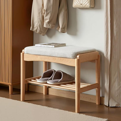 Solid Wood Shoe Bench Assembled, Shoe Rack Bench with Cushion for Entryway, Living Room, Bedroom, Hallway, 11.8" x 17.7" x 16.5", Natural