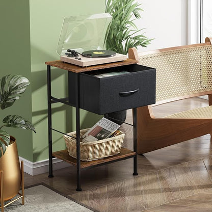 WLIVE Small Black Nightstand with Drawer, Fabric Bedside Table, 25.0" H | Night Stand with Open Wood Shelf, End Table with Steel Frame, Side Table for Bedroom, Dorm, Easy Assembly