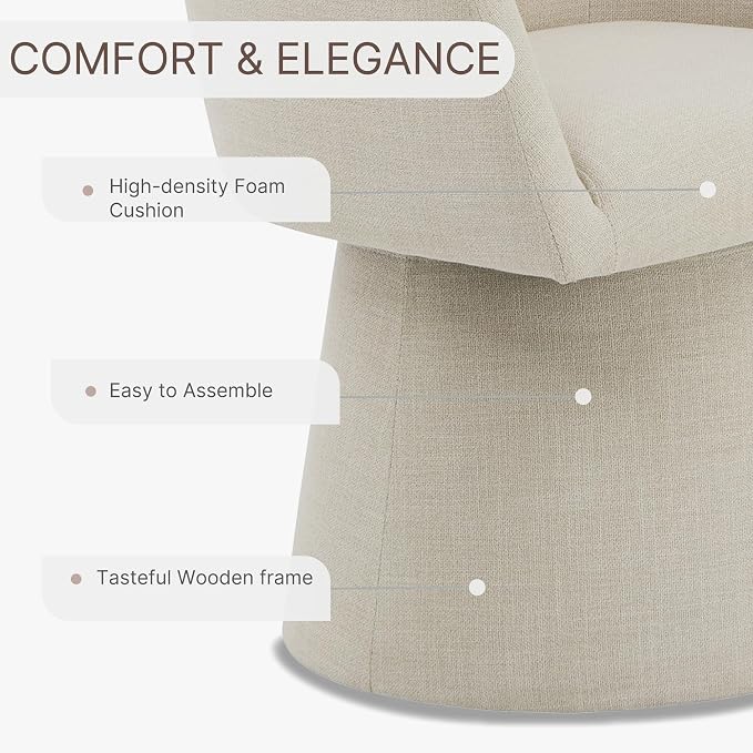 KISLOT Swivel Dining Chairs Set of 2, Upholstered Mid Century Modern Deskchair with Barrel Back, Linen Fabric Kitchen Chairs for Dining Room, Bedroom, Dressing Room, Linen