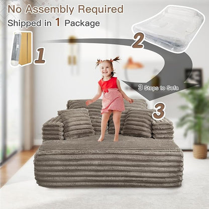 JEEOHEY 56" Oversized Chaise Lounge Chair Indoor,Plush Faux Fur Sleeper Sofa Couch Bed with Pillows&Wide Armrests,Fluffy Comfy Cloud Couch,Compression Foam Couch for Living Room,Bedroom(Brown)