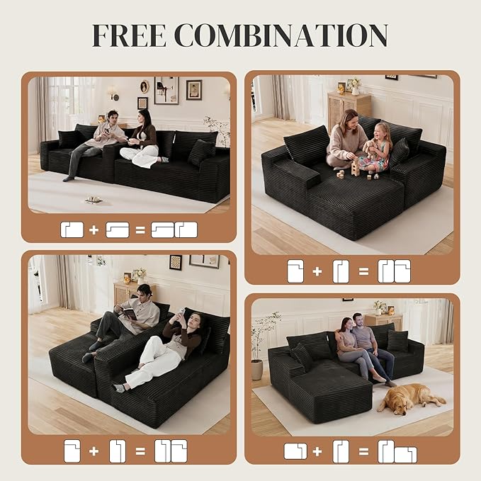 108" L Shaped Cloud Boneless Sectional Couches for Living Room, Modern Comfy Modular Deep Seat Memory Foam Compressed Corduroy Sofa Oversized Left Facing Chaise, No Assembly Required, Balck