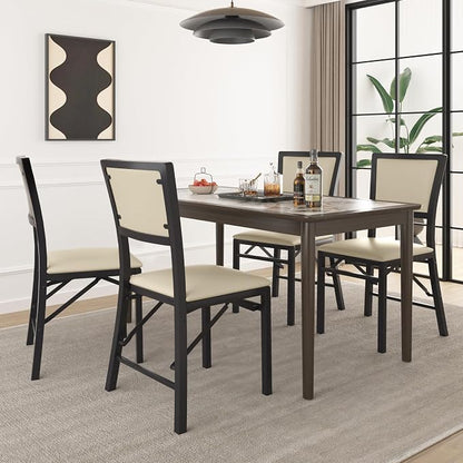 VECELO Folding Dining Chairs Set of 4, Metal Padded Foldable Seating with Comfortable Faux Leather, Space-Saving Portable Guest Seats for Kitchen & Office, No Assembly, Creamy Beige