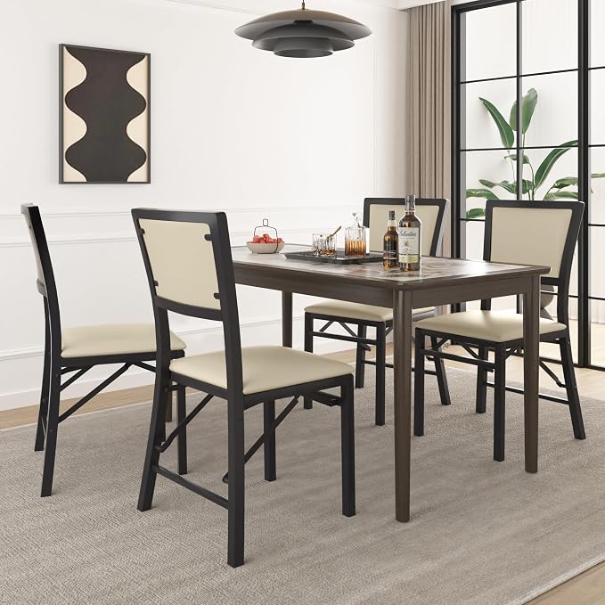 VECELO Folding Dining Chairs Set of 2, Metal Padded Foldable Seating with Comfortable Faux Leather, Space-Saving Portable Guest Seats for Kitchen & Office, No Assembly, Creamy Beige