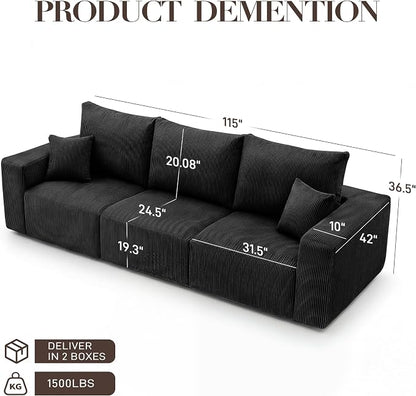 Modular Sectional Sofa, 115" Memory Foam Cloud 3-Seater Boneless Couch, Cozy Upholstered Corduroy Frameless Sofa, No Assembly Required Extra Wide Seating for Living Room & Apartment, Black