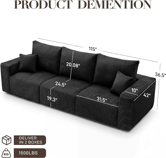 Modular Sectional Sofa, 115" Memory Foam Cloud 3-Seater Boneless Couch, Cozy Upholstered Corduroy Frameless Sofa, No Assembly Required Extra Wide Seating for Living Room & Apartment, Black