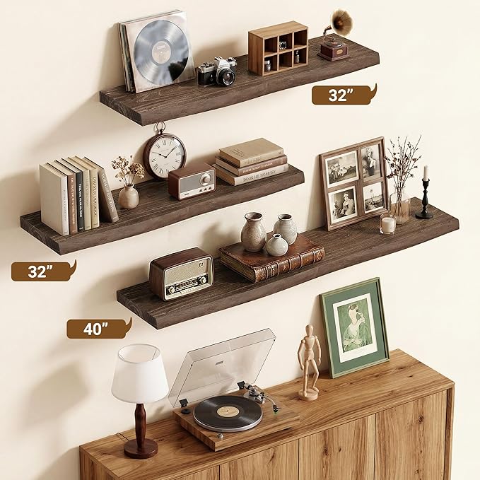 Vivelove Live Edge Floating Shelves 36 inch Long, Elm Wood Wall Display Shelf with Invisible Bracket for Living Room Bedroom Bathroom Office, Rustic Farmhouse, Solid Wood Set of 2 - Dark Walnut