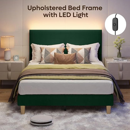 Bestier Full Bed Frame with Adjustable Headboard,LED Light,Green | Easy Assembly,LED Lighting Headboard,No Squeaks,Vertical Channel Corduroy Upholstered,Wood Slats Support,No Box Spring Needed