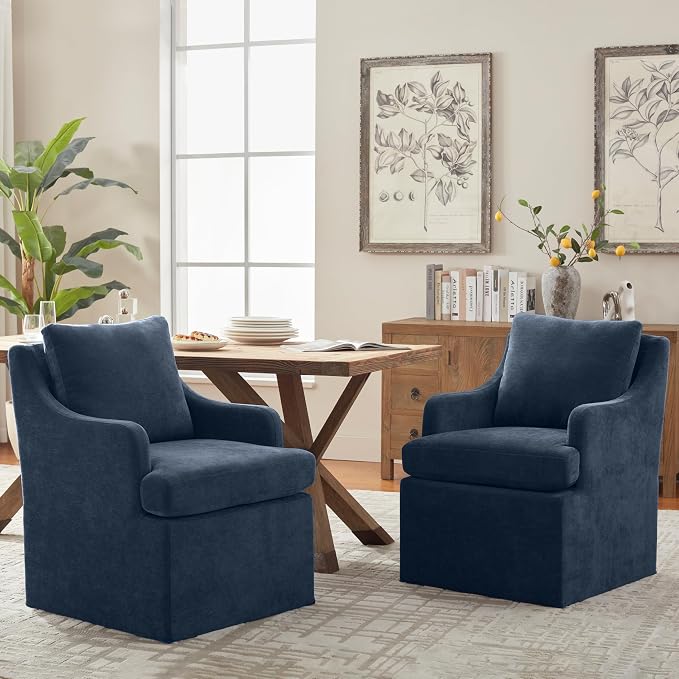 VKNOW Upholstered Dining Chairs Set of 2, Modern Kitchen Chairs Dinner Chairs with 4 Casters, Chenille Armchair for Bedroom Reading Room Living Room, Blue