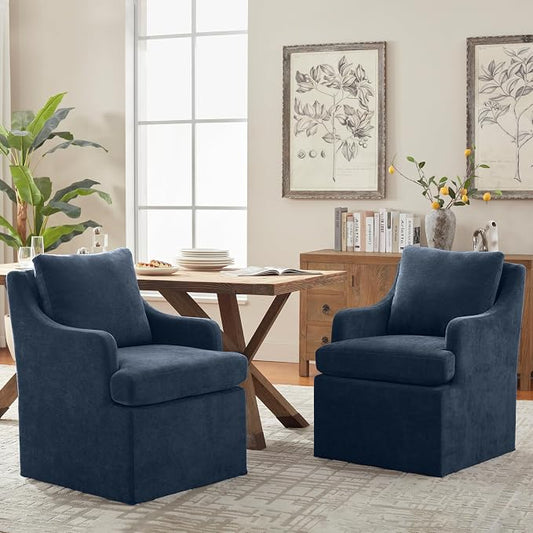 VKNOW Upholstered Dining Chairs Set of 2, Modern Kitchen Chairs Dinner Chairs with 4 Casters, Chenille Armchair for Bedroom Reading Room Living Room, Blue