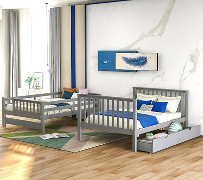 RUNNA Full Over Full Bunk Bed, Convertible, Storage Stairs Gray | Full over full bunk bed, convertible split design, storage stairs, solid pine wood, guardrails, no box spring needed,Gray