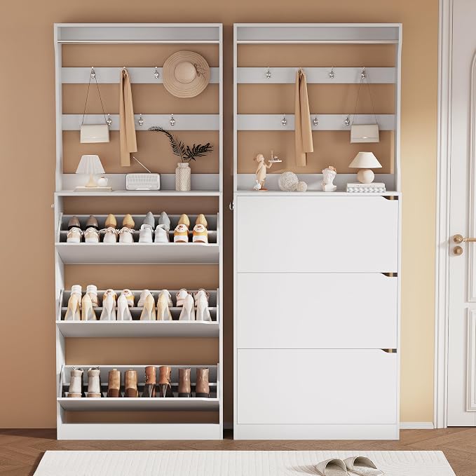 Shoe Storage Cabinet, Wood Shoe Organizer for Entryway with 3 Flip Drawers, Freestanding Shoe Rack with Adjustable Shelf, Narrow Shoe Dresser for Front Door Entrance (White, Tall 3 Drawers)