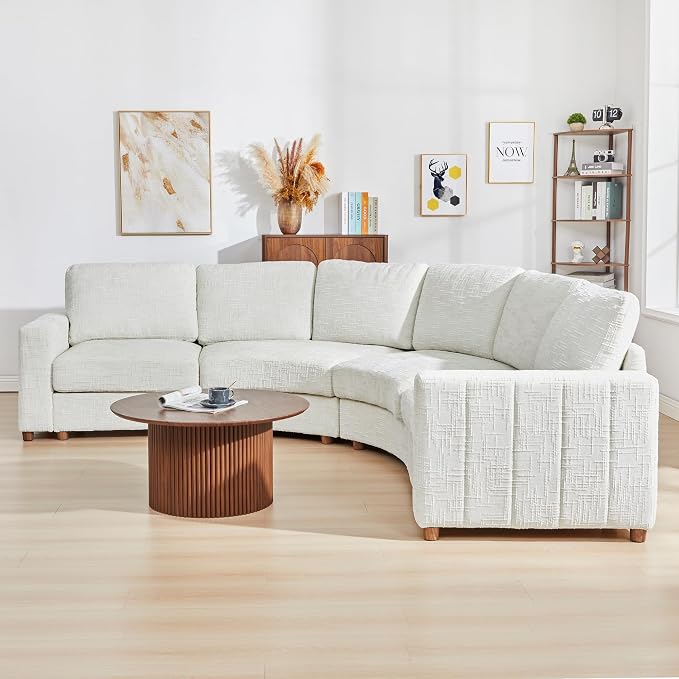 ORRD Curved Sectional Sofa, Convertible L Shaped Couch with Deep Seat, Boucle Modular Sectional Sofa with Pillows, Curved Chenille Comfy Corner 4 Seat Couch for Living Room, White