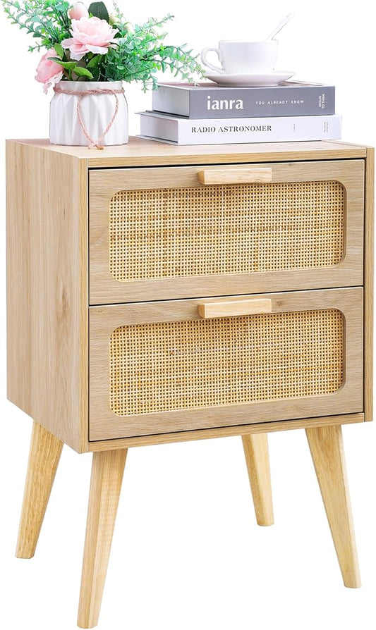 YAUKOMEL Rattan Nightstand, Wood End Table, Side Table with 2 Hand Made Rattan Decorated Drawers,Boho Bedside Table,Wood Accent Table with Storage for Livingroom, Bedroom, Natural CTG59Y