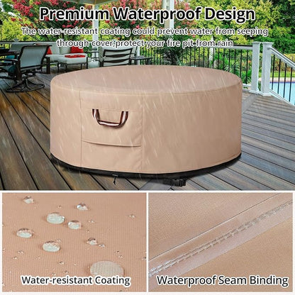 QH.HOME Fire Pit Cover Round-37-40 Inch Heavy Duty 900D Strong Tear-Resistant and UV Resistant and Waterproof and Fading Resistant Material Polyester Firepit Covers for Outdoor Fire Pit-Wheat