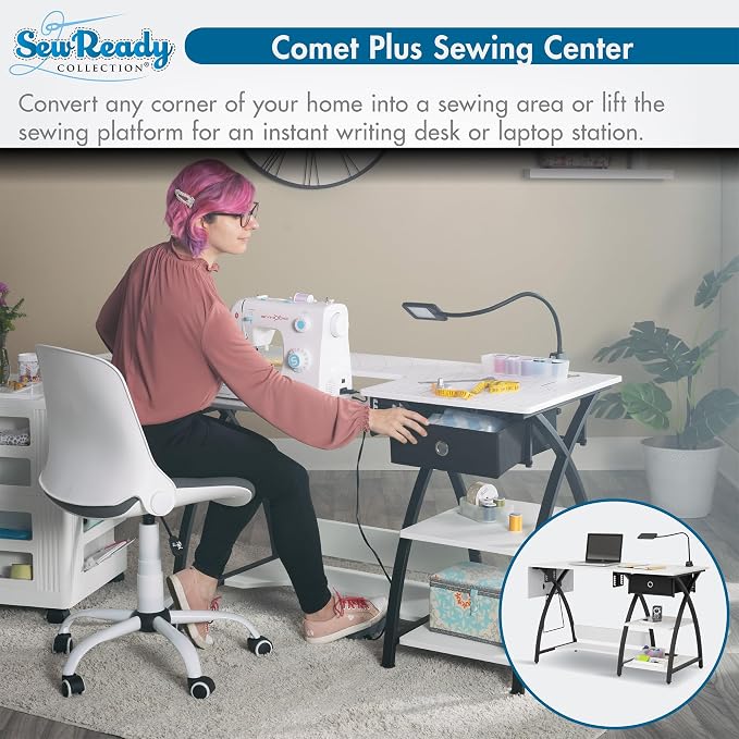 Sew Ready Comet Plus Craft Sewing Table, 56.75 x 23.5" Overall Platform Size with Accurate Fabric Cutting Grid-Top and Storage Drawer, Black/White