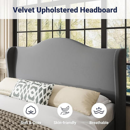 Allewie Queen Size Bed Frame, Upholstered Wingback Platform with 47" Tall Tufted Headboard, Plush Velvet Fabric, Modern Minimalist Design, No Box Spring Required, Tool-Free Assembly, Grey